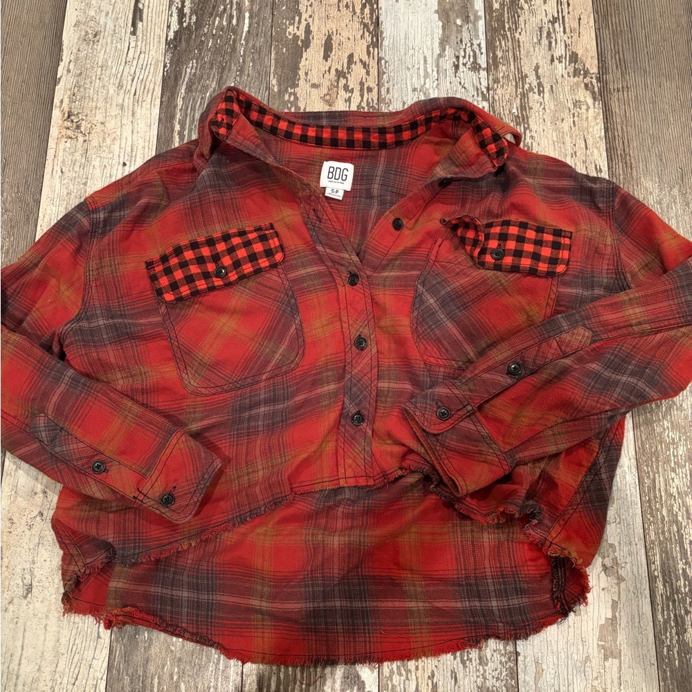 BDG Kids Red and Black Plaid Button Down Shirt
